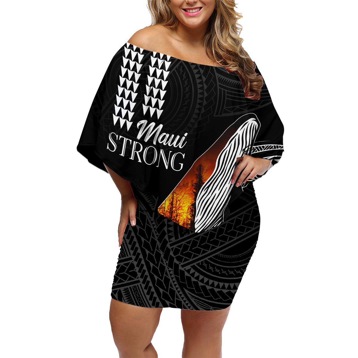 Hawaii Humpback Whale Family Matching Off Shoulder Short Dress and Hawaiian Shirt Be Strong - Pray For Maui LT7 - Wonder Print Shop