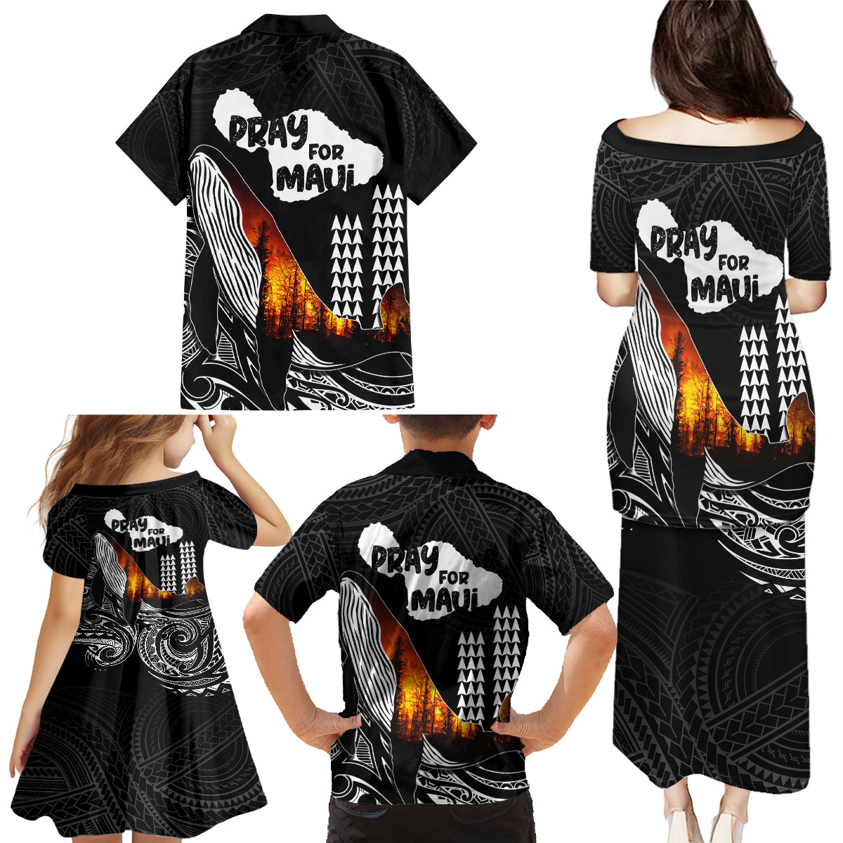 Hawaii Humpback Whale Family Matching Puletasi Dress and Hawaiian Shirt Be Strong - Pray For Maui - Wonder Print Shop
