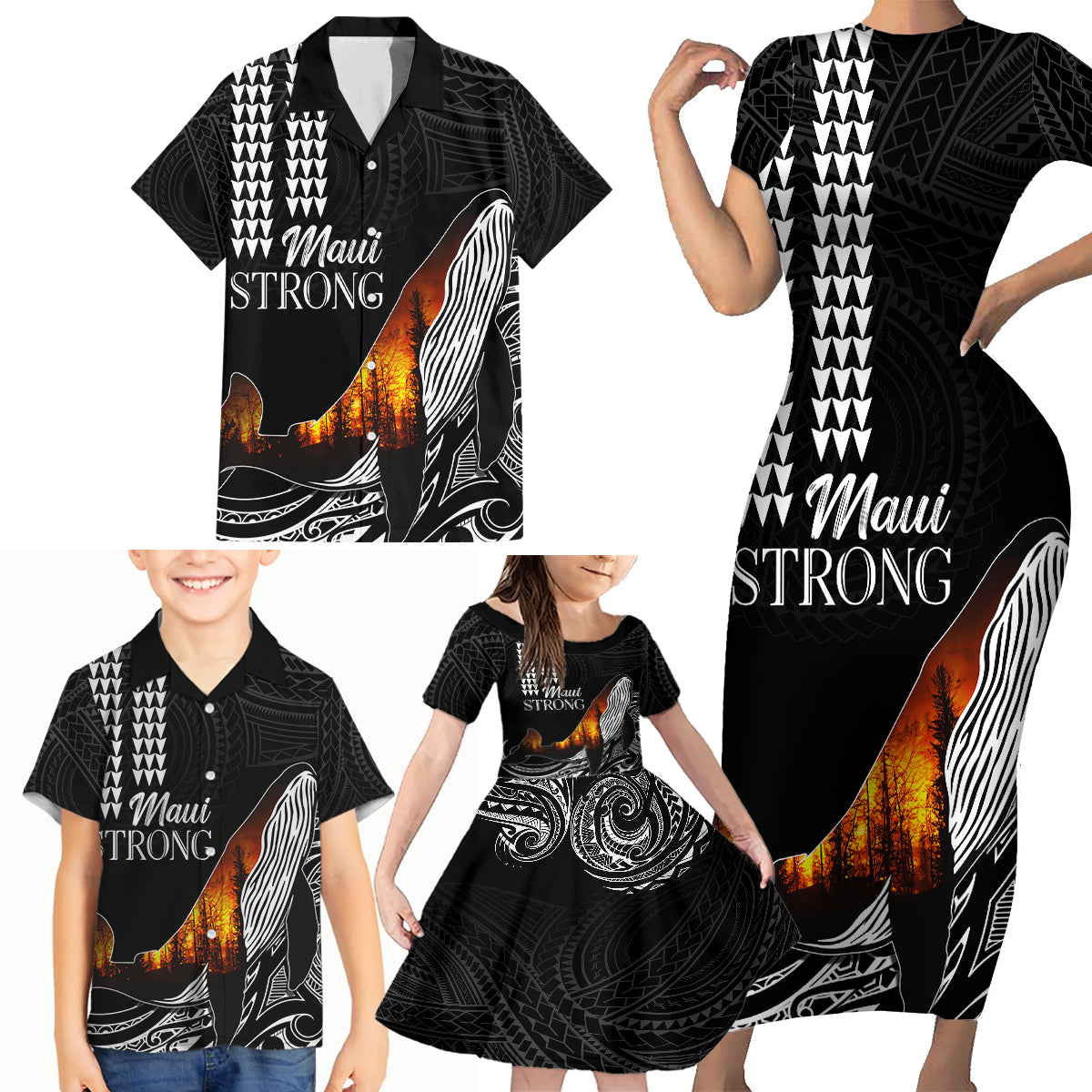Hawaii Humpback Whale Family Matching Short Sleeve Bodycon Dress and Hawaiian Shirt Be Strong - Pray For Maui - Wonder Print Shop