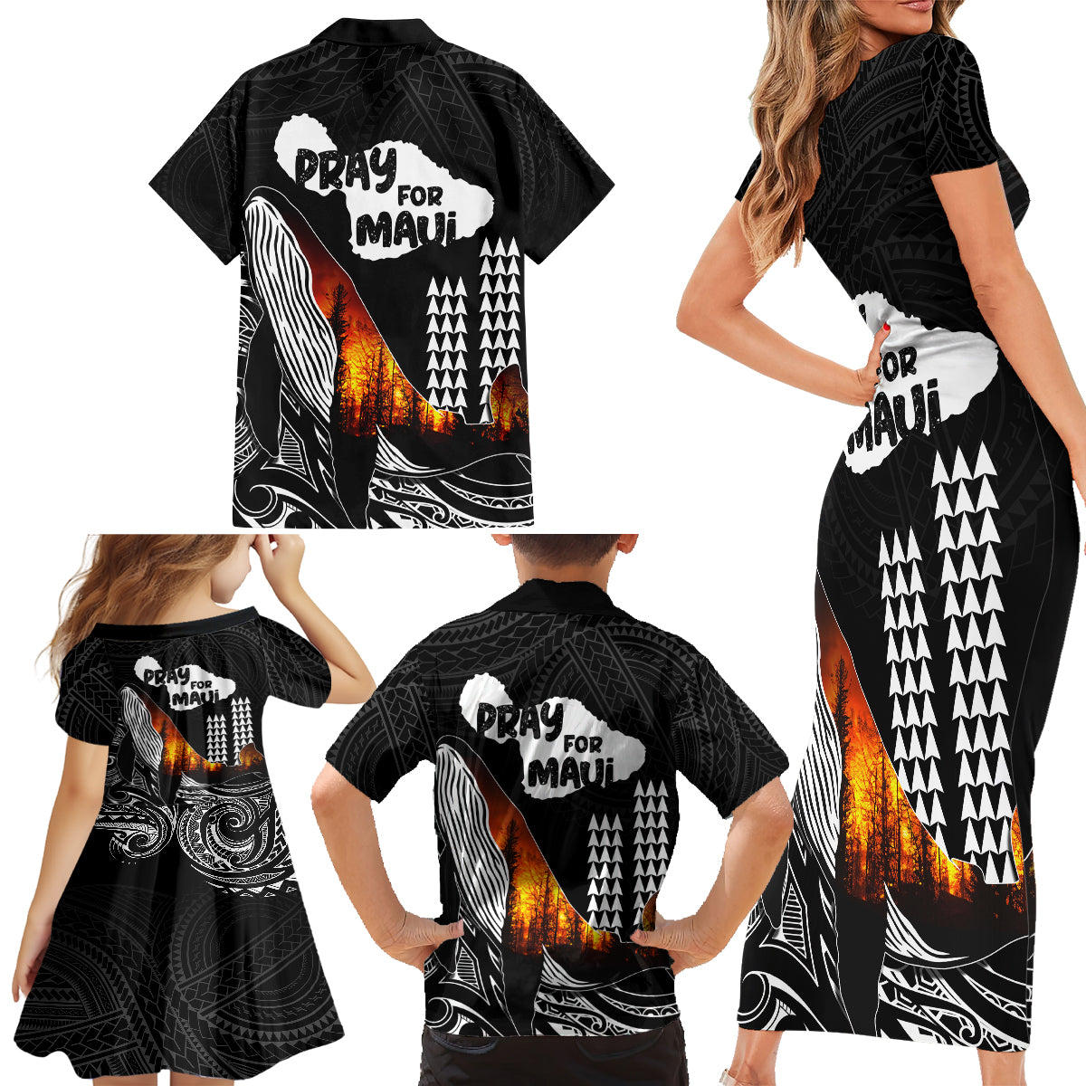 Hawaii Humpback Whale Family Matching Short Sleeve Bodycon Dress and Hawaiian Shirt Be Strong - Pray For Maui - Wonder Print Shop