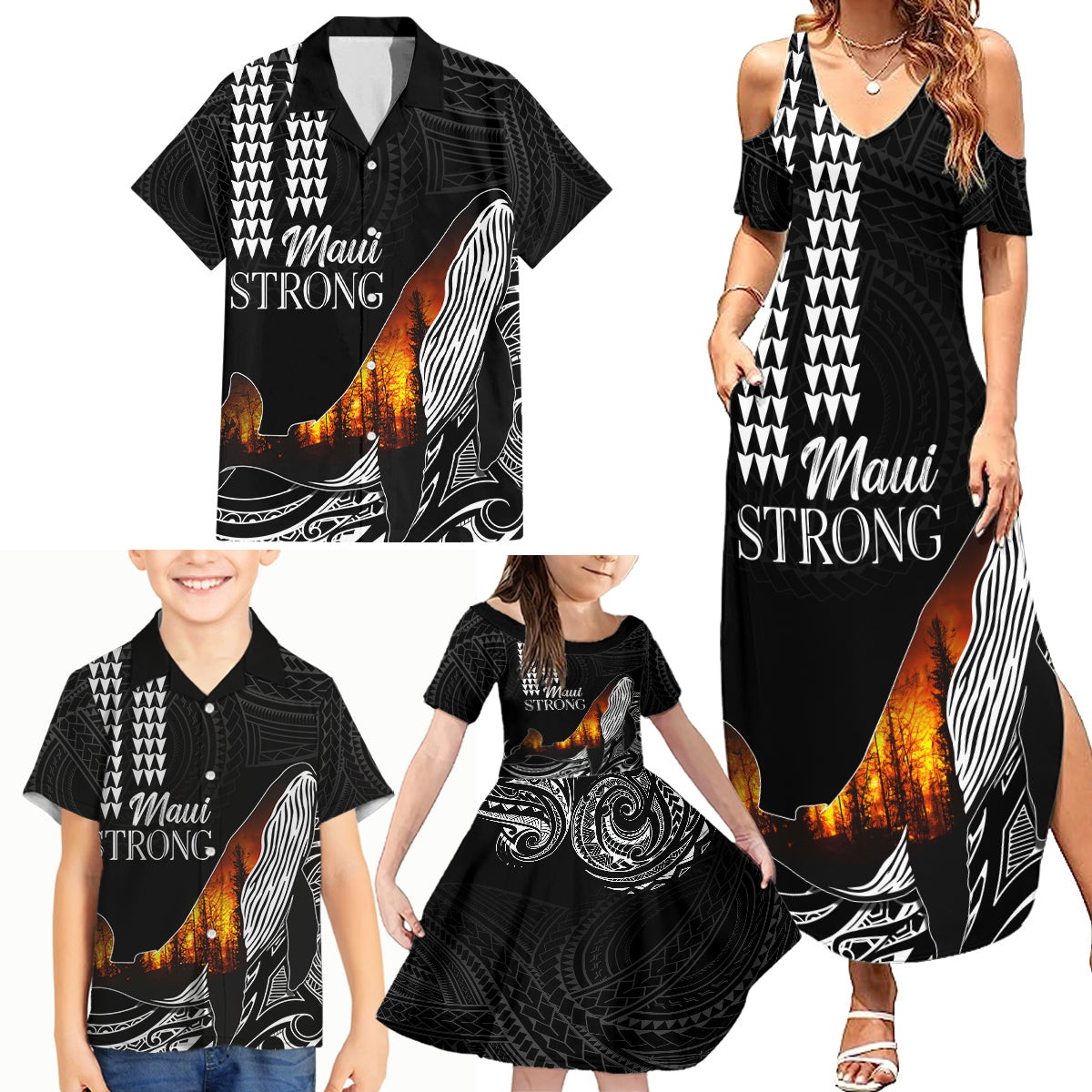 Hawaii Humpback Whale Family Matching Summer Maxi Dress and Hawaiian Shirt Be Strong - Pray For Maui - Wonder Print Shop