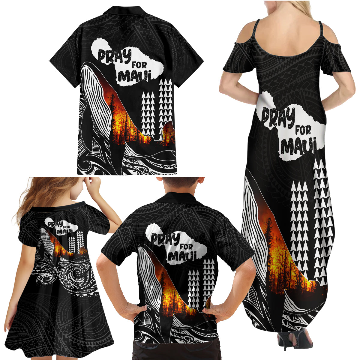 Hawaii Humpback Whale Family Matching Summer Maxi Dress and Hawaiian Shirt Be Strong - Pray For Maui - Wonder Print Shop