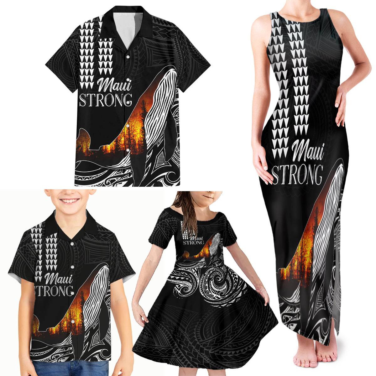 Hawaii Humpback Whale Family Matching Tank Maxi Dress and Hawaiian Shirt Be Strong - Pray For Maui - Wonder Print Shop