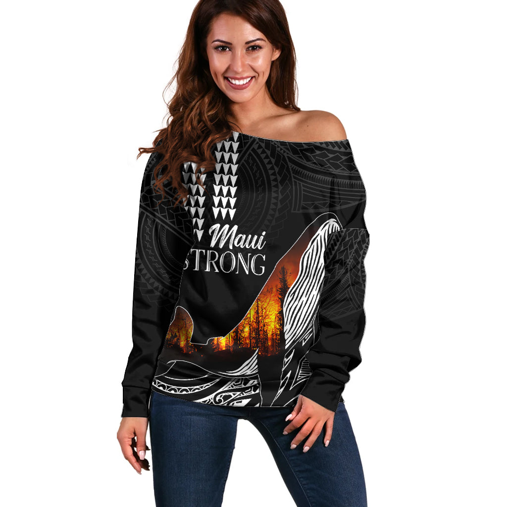 Hawaii Humpback Whale Off Shoulder Sweater Be Strong - Pray For Maui - Wonder Print Shop