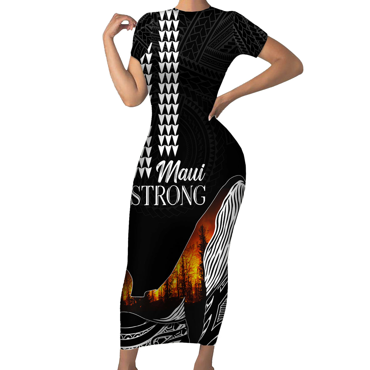 Hawaii Humpback Whale Short Sleeve Bodycon Dress Be Strong - Pray For Maui - Wonder Print Shop