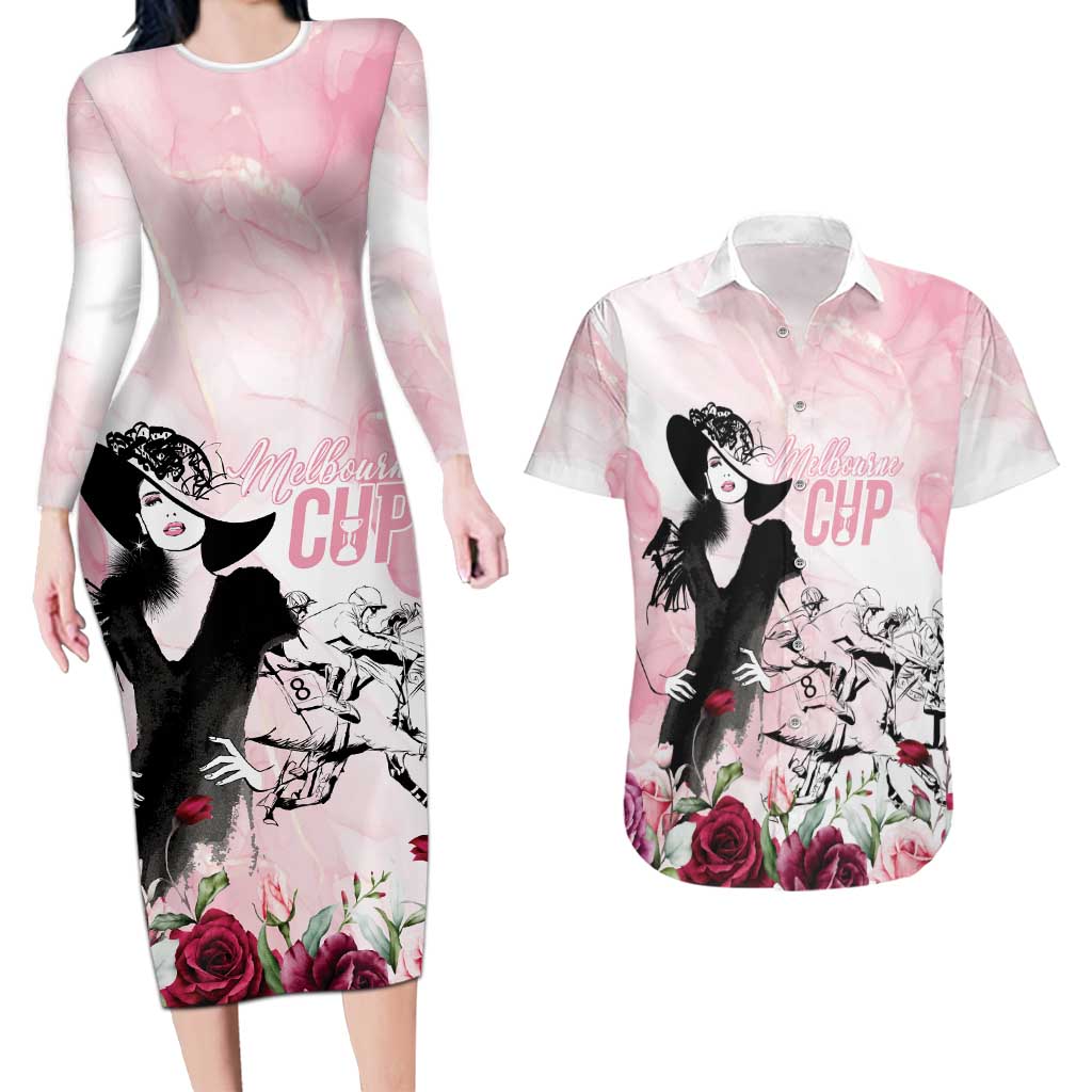 Melbourne Horse Racing Cup Pink Out Derby Couples Matching Long Sleeve Bodycon Dress and Hawaiian Shirt - Wonder Print Shop