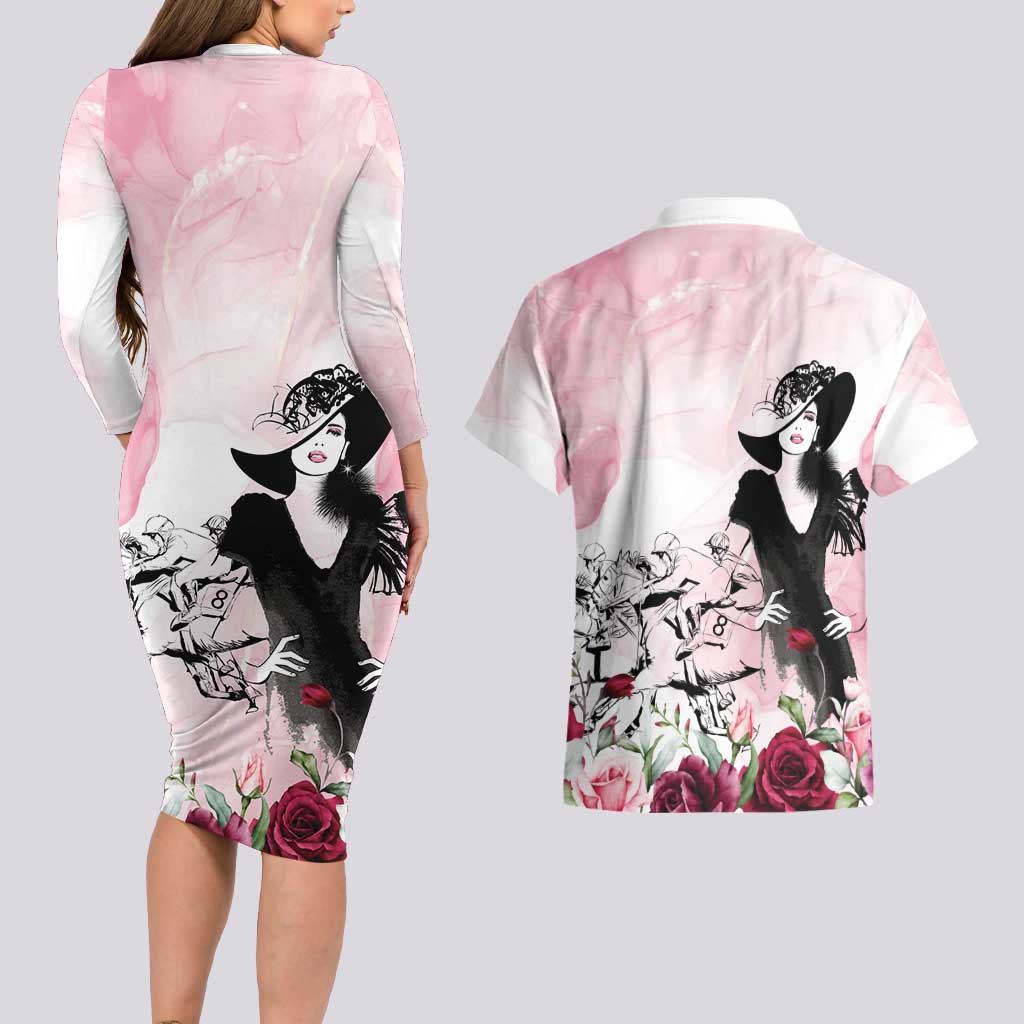Melbourne Horse Racing Cup Pink Out Derby Couples Matching Long Sleeve Bodycon Dress and Hawaiian Shirt - Wonder Print Shop