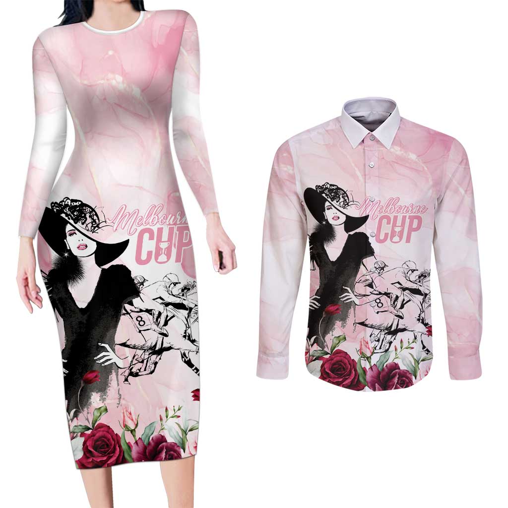 Melbourne Horse Racing Cup Pink Out Derby Couples Matching Long Sleeve Bodycon Dress and Long Sleeve Button Shirt - Wonder Print Shop
