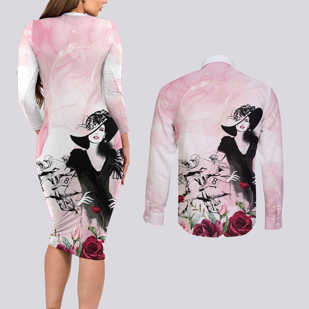 Melbourne Horse Racing Cup Pink Out Derby Couples Matching Long Sleeve Bodycon Dress and Long Sleeve Button Shirt - Wonder Print Shop