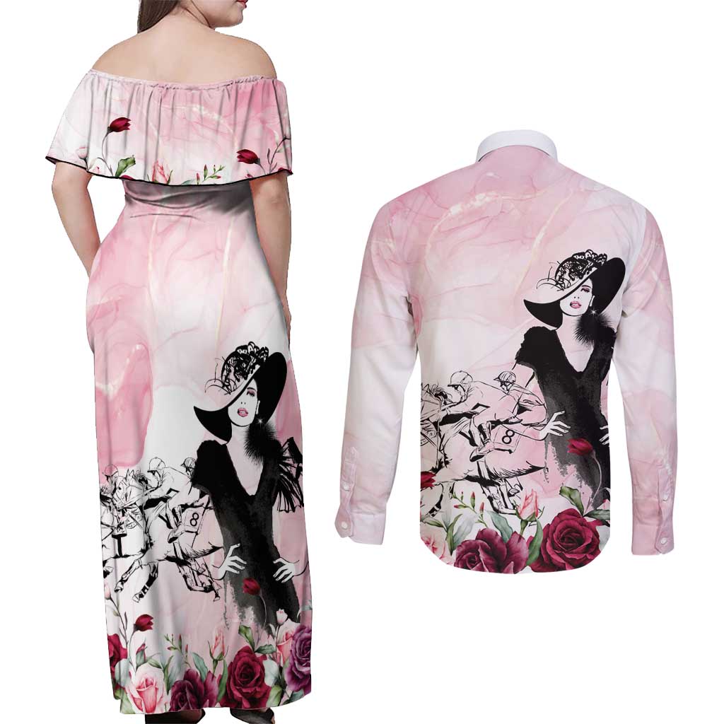 Melbourne Horse Racing Cup Pink Out Derby Couples Matching Off Shoulder Maxi Dress and Long Sleeve Button Shirt - Wonder Print Shop