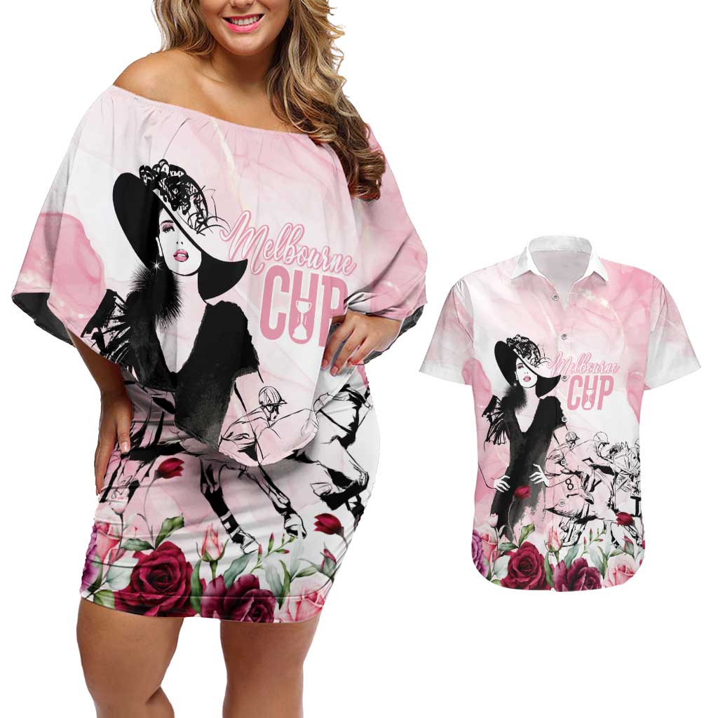 Melbourne Horse Racing Cup Pink Out Derby Couples Matching Off Shoulder Short Dress and Hawaiian Shirt - Wonder Print Shop
