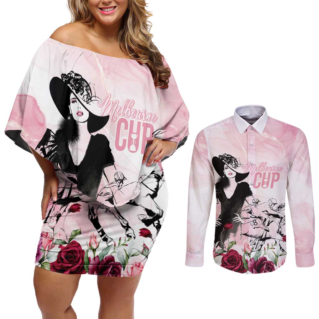 Melbourne Horse Racing Cup Pink Out Derby Couples Matching Off Shoulder Short Dress and Long Sleeve Button Shirt - Wonder Print Shop