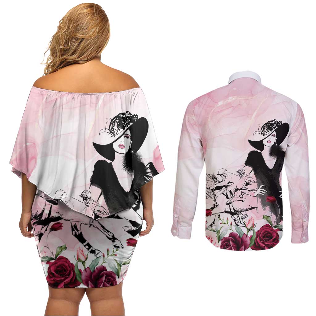 Melbourne Horse Racing Cup Pink Out Derby Couples Matching Off Shoulder Short Dress and Long Sleeve Button Shirt - Wonder Print Shop