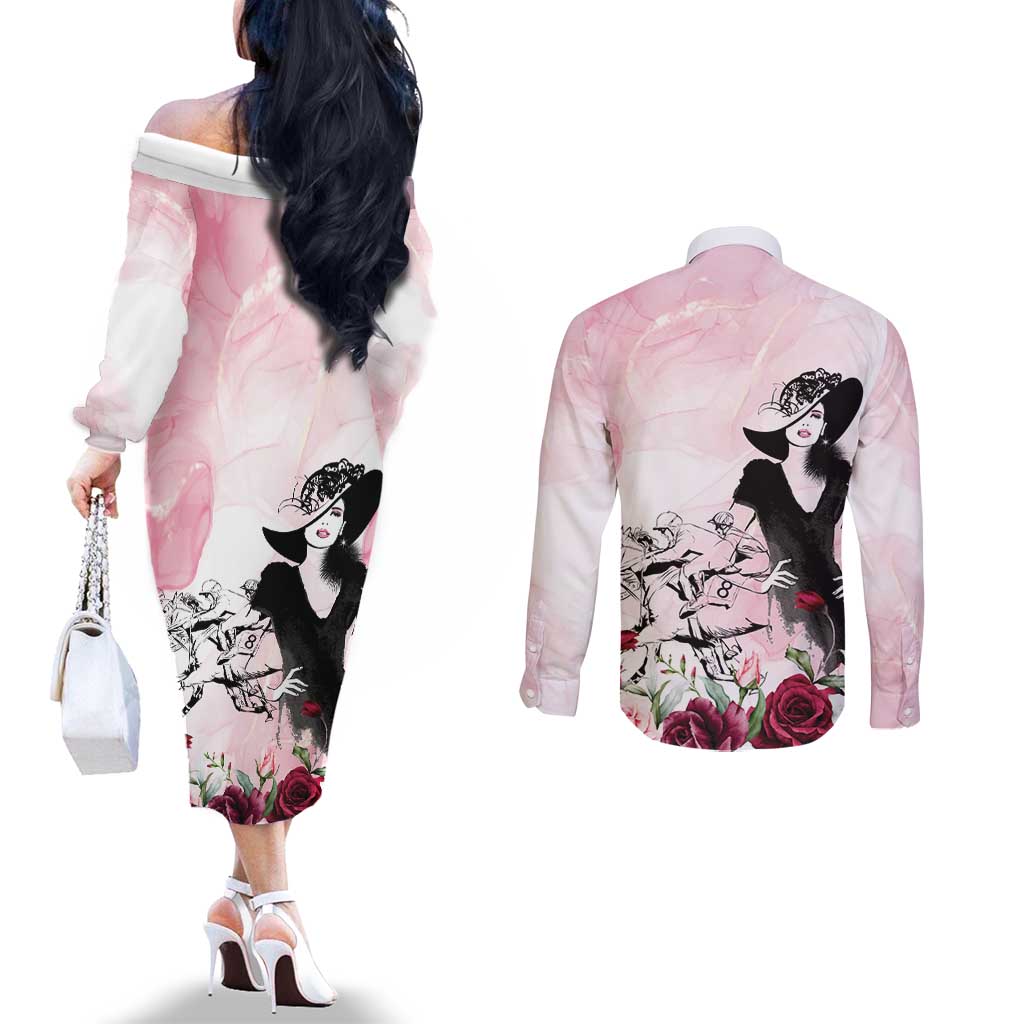 Melbourne Horse Racing Cup Pink Out Derby Couples Matching Off The Shoulder Long Sleeve Dress and Long Sleeve Button Shirt - Wonder Print Shop