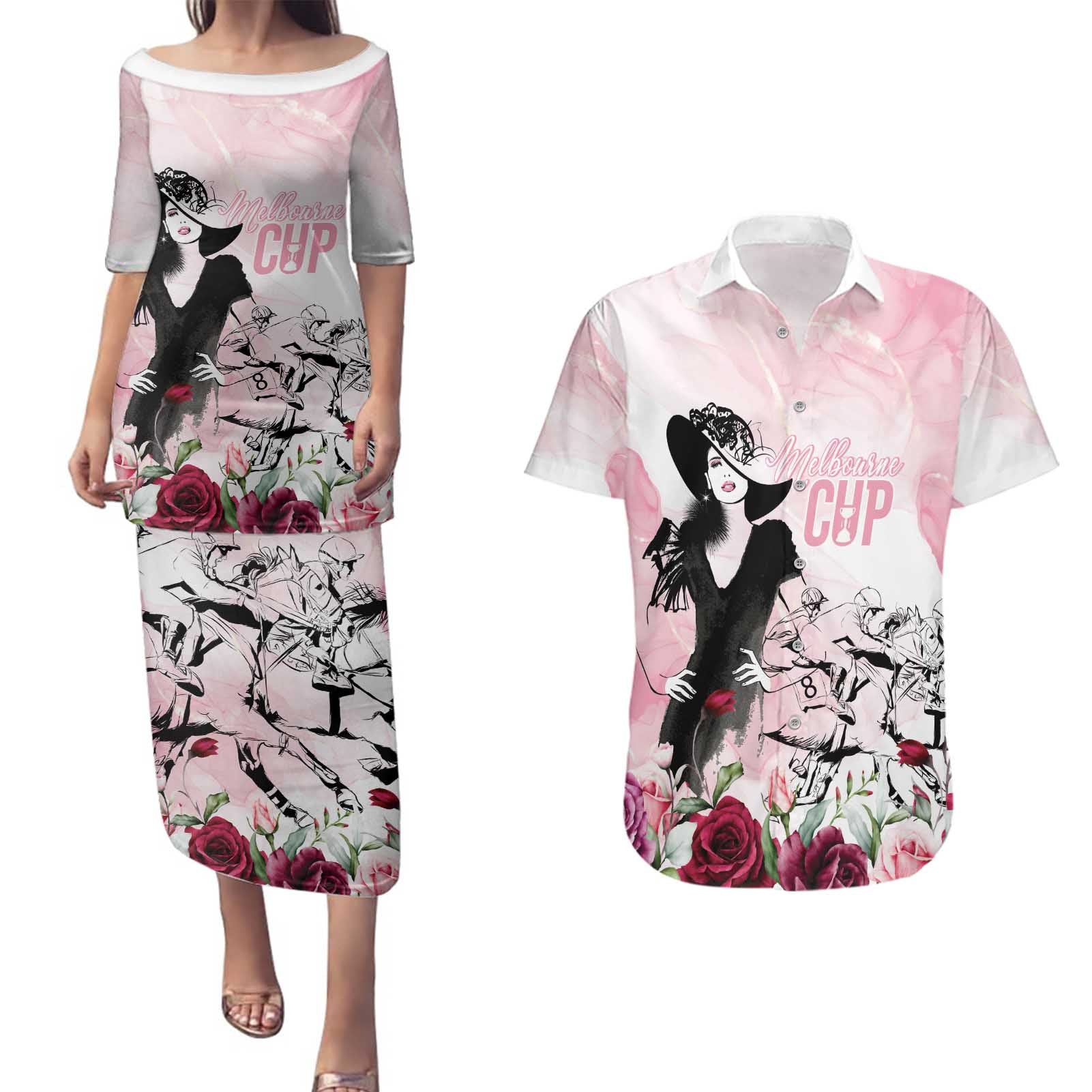 Melbourne Horse Racing Cup Pink Out Derby Couples Matching Puletasi and Hawaiian Shirt - Wonder Print Shop