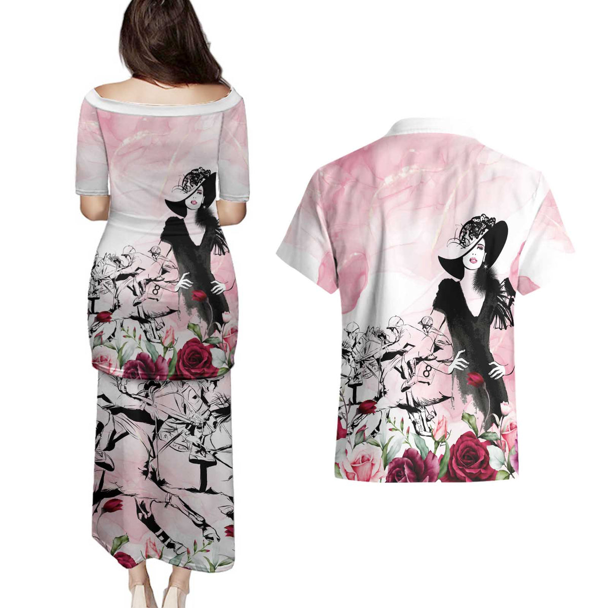 Melbourne Horse Racing Cup Pink Out Derby Couples Matching Puletasi and Hawaiian Shirt - Wonder Print Shop