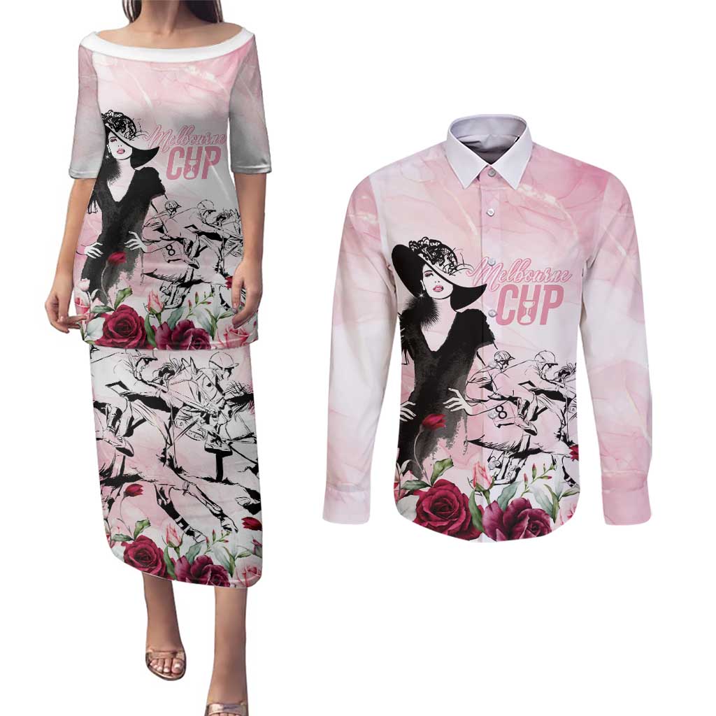 Melbourne Horse Racing Cup Pink Out Derby Couples Matching Puletasi and Long Sleeve Button Shirt - Wonder Print Shop