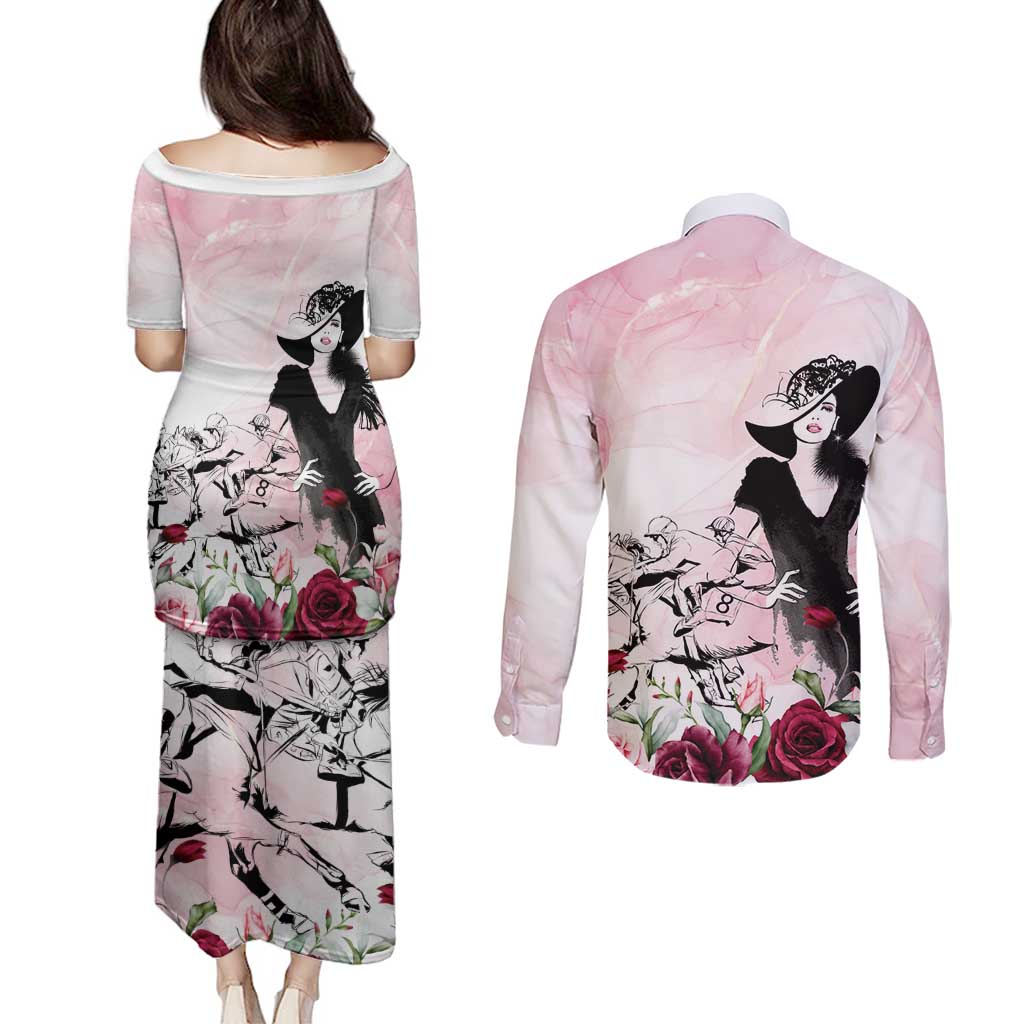 Melbourne Horse Racing Cup Pink Out Derby Couples Matching Puletasi and Long Sleeve Button Shirt - Wonder Print Shop
