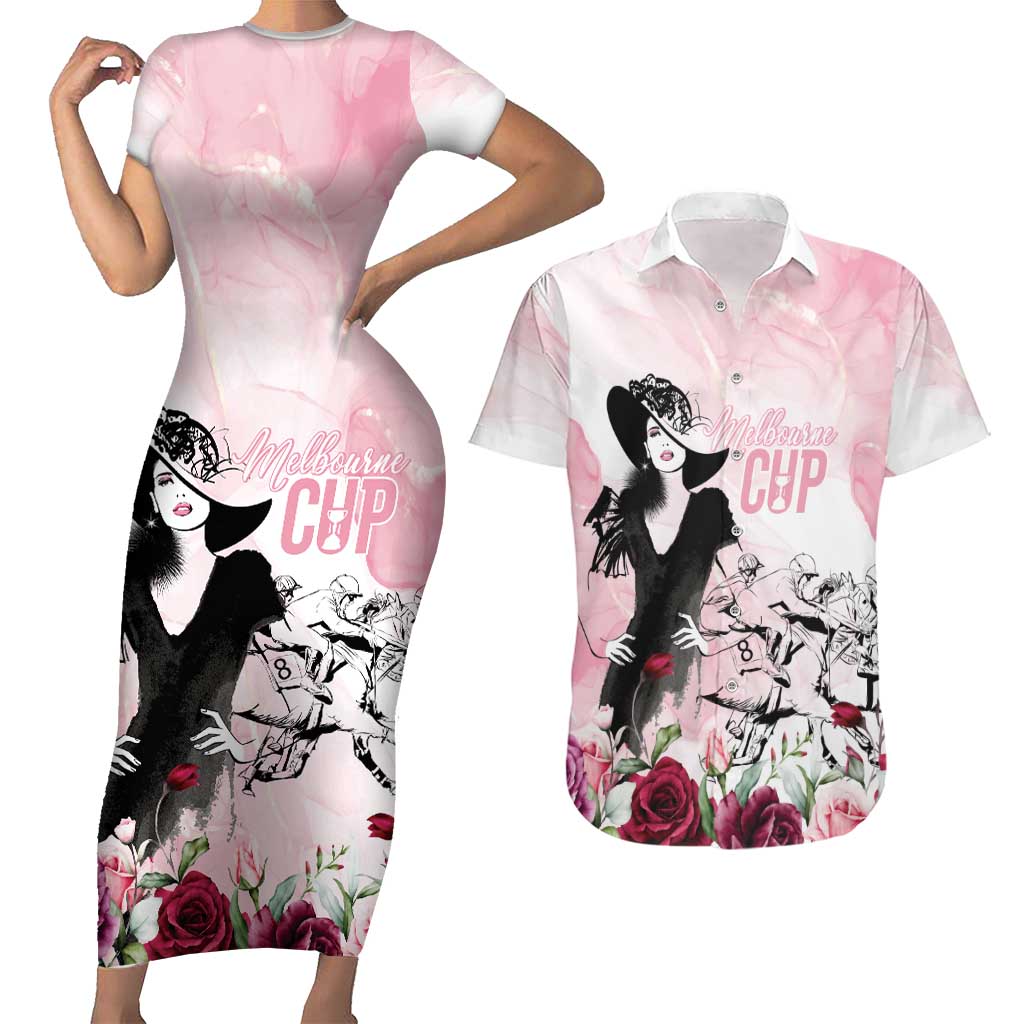 Melbourne Horse Racing Cup Pink Out Derby Couples Matching Short Sleeve Bodycon Dress and Hawaiian Shirt - Wonder Print Shop