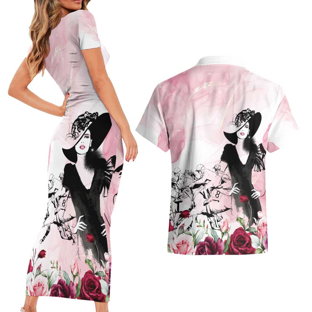 Melbourne Horse Racing Cup Pink Out Derby Couples Matching Short Sleeve Bodycon Dress and Hawaiian Shirt - Wonder Print Shop