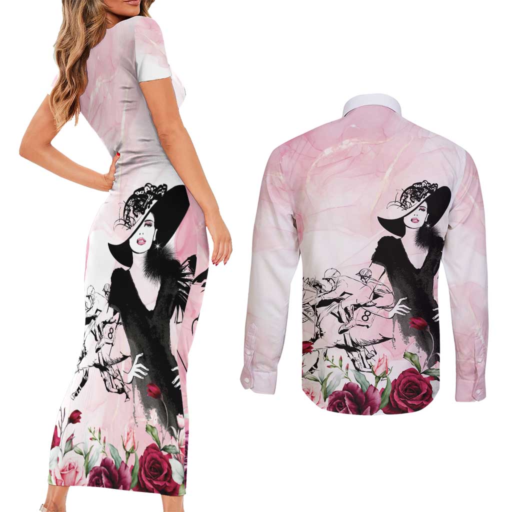 Melbourne Horse Racing Cup Pink Out Derby Couples Matching Short Sleeve Bodycon Dress and Long Sleeve Button Shirt - Wonder Print Shop