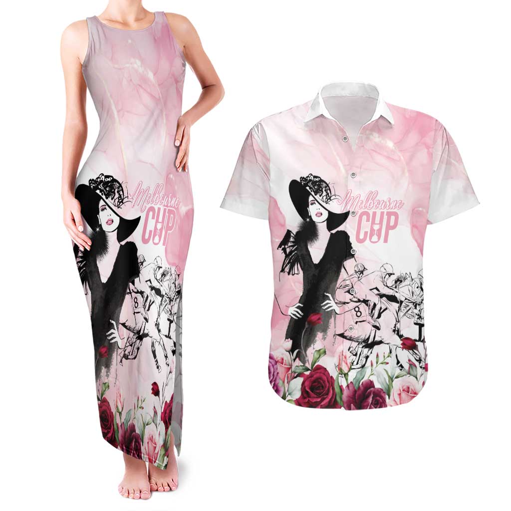 Melbourne Horse Racing Cup Pink Out Derby Couples Matching Tank Maxi Dress and Hawaiian Shirt - Wonder Print Shop