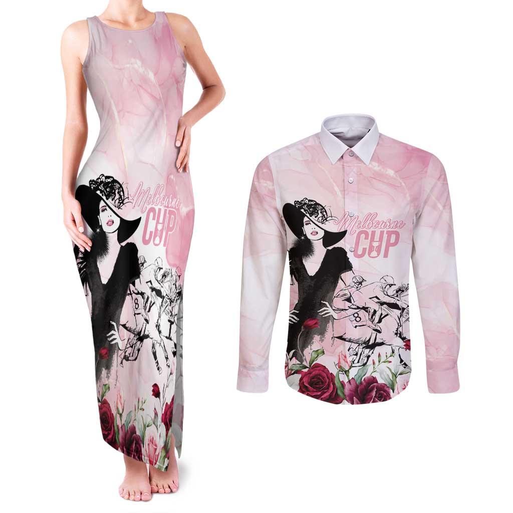 Melbourne Horse Racing Cup Pink Out Derby Couples Matching Tank Maxi Dress and Long Sleeve Button Shirt - Wonder Print Shop
