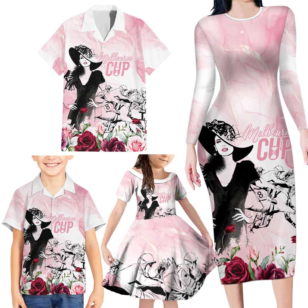 Melbourne Horse Racing Cup Pink Out Derby Family Matching Long Sleeve Bodycon Dress and Hawaiian Shirt - Wonder Print Shop