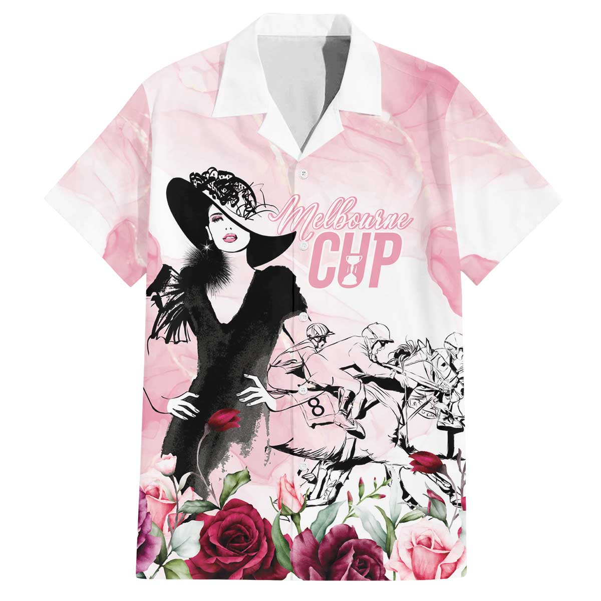 Melbourne Horse Racing Cup Pink Out Derby Family Matching Off The Shoulder Long Sleeve Dress and Hawaiian Shirt - Wonder Print Shop