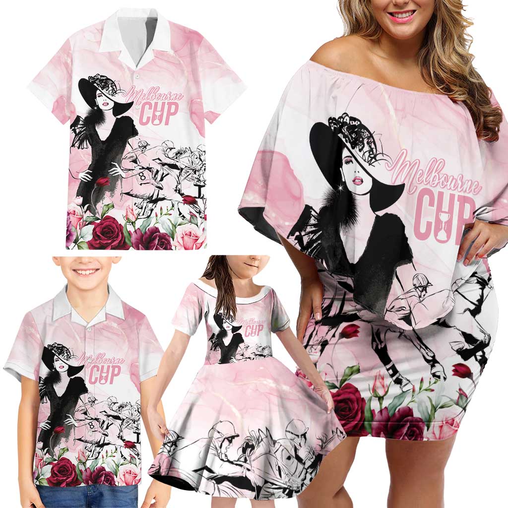 Melbourne Horse Racing Cup Pink Out Derby Family Matching Off Shoulder Short Dress and Hawaiian Shirt - Wonder Print Shop
