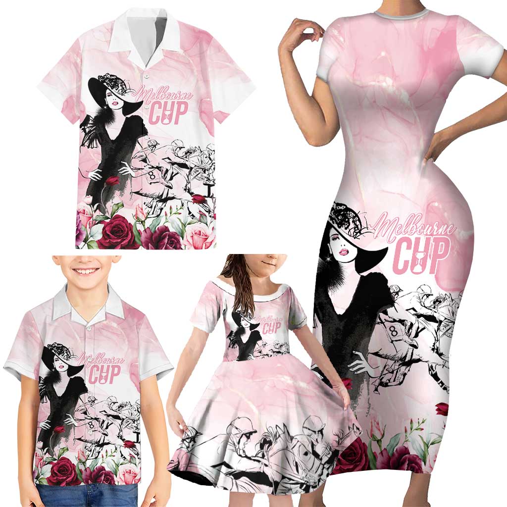 Melbourne Horse Racing Cup Pink Out Derby Family Matching Short Sleeve Bodycon Dress and Hawaiian Shirt - Wonder Print Shop