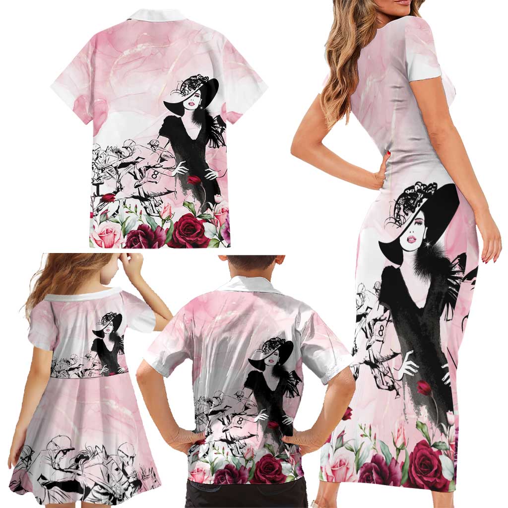 Melbourne Horse Racing Cup Pink Out Derby Family Matching Short Sleeve Bodycon Dress and Hawaiian Shirt - Wonder Print Shop