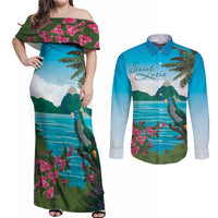 Saint Lucia Island Couples Matching Off Shoulder Maxi Dress and Long Sleeve Button Shirt Pitons Landscape