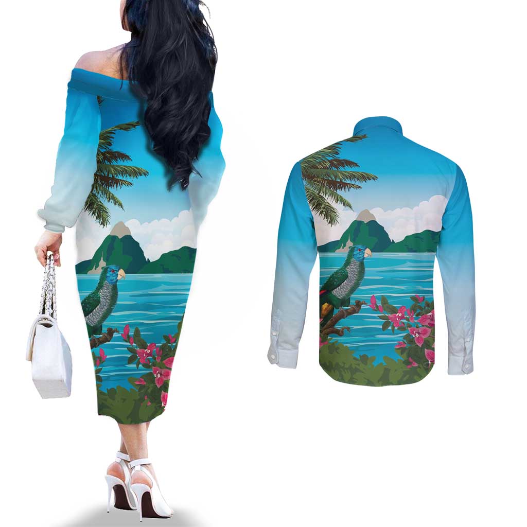 Saint Lucia Island Couples Matching Off The Shoulder Long Sleeve Dress and Long Sleeve Button Shirt Pitons Landscape