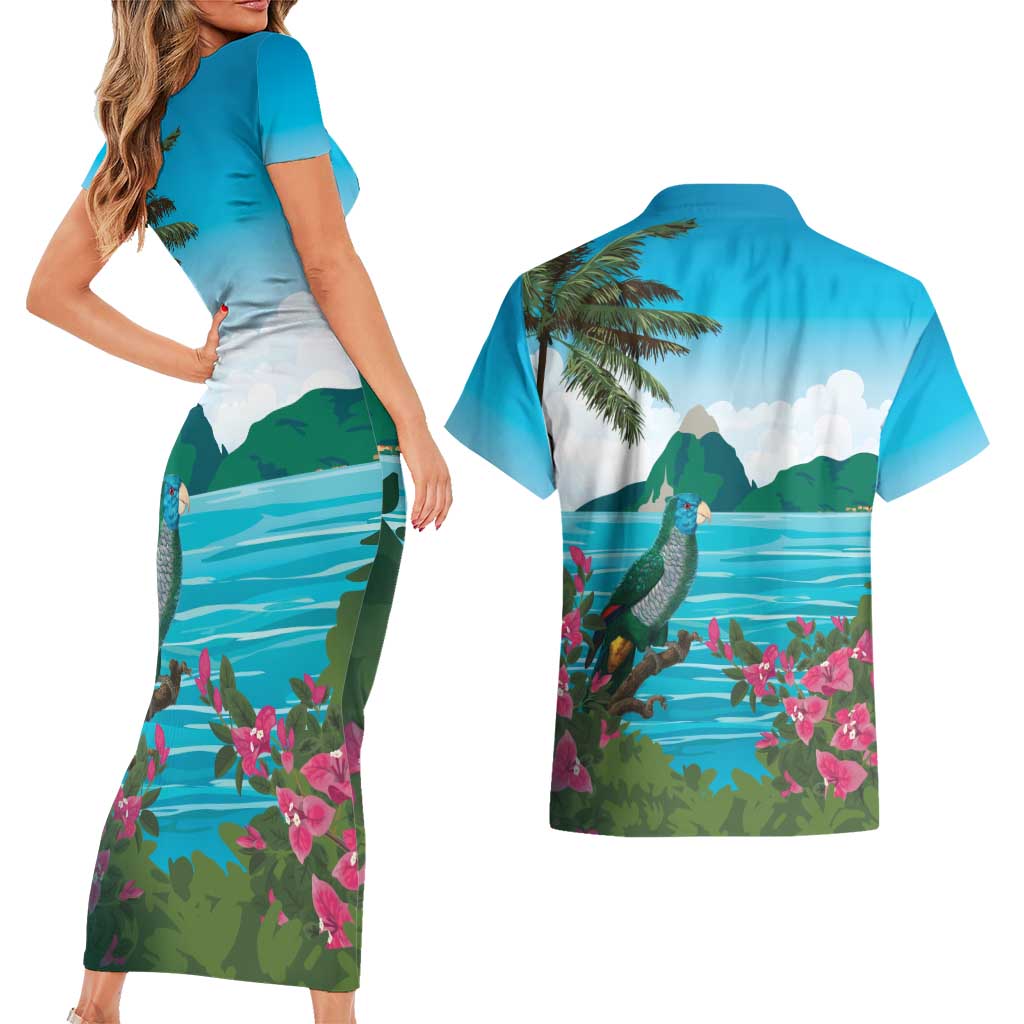 Saint Lucia Island Couples Matching Short Sleeve Bodycon Dress and Hawaiian Shirt Pitons Landscape