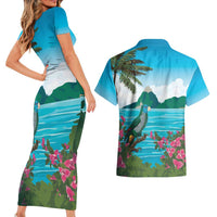 Saint Lucia Island Couples Matching Short Sleeve Bodycon Dress and Hawaiian Shirt Pitons Landscape