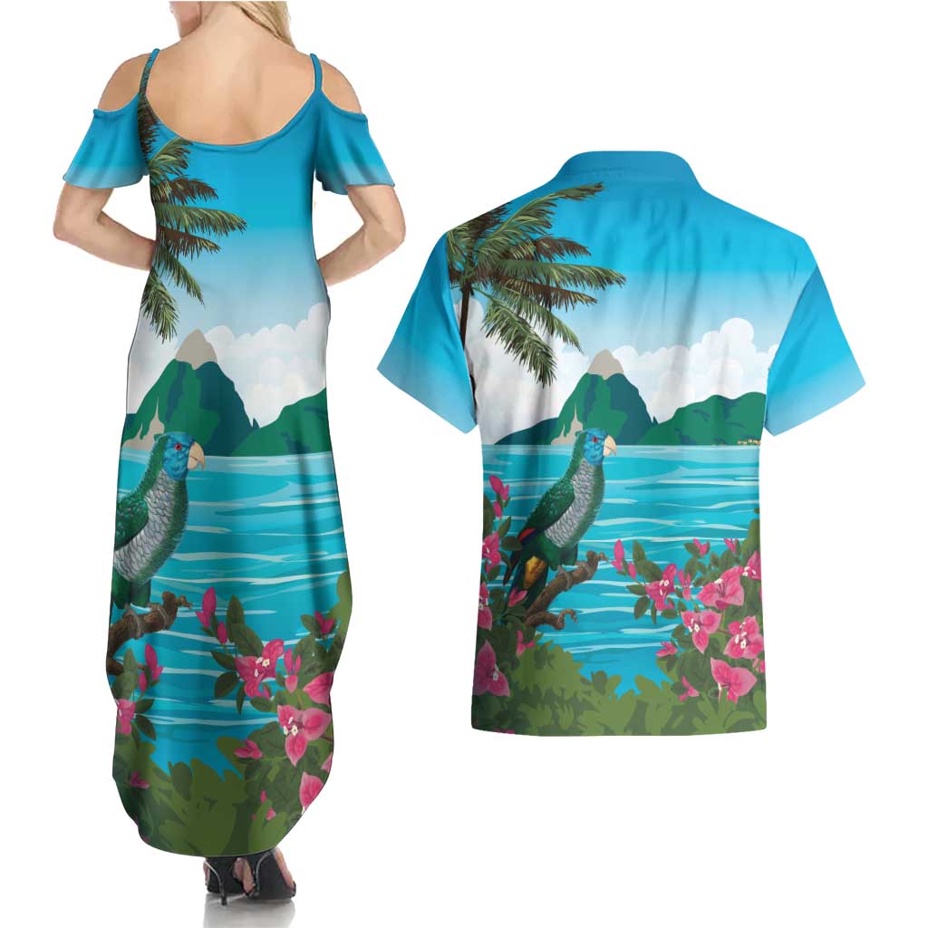 Saint Lucia Island Couples Matching Summer Maxi Dress and Hawaiian Shirt Pitons Landscape
