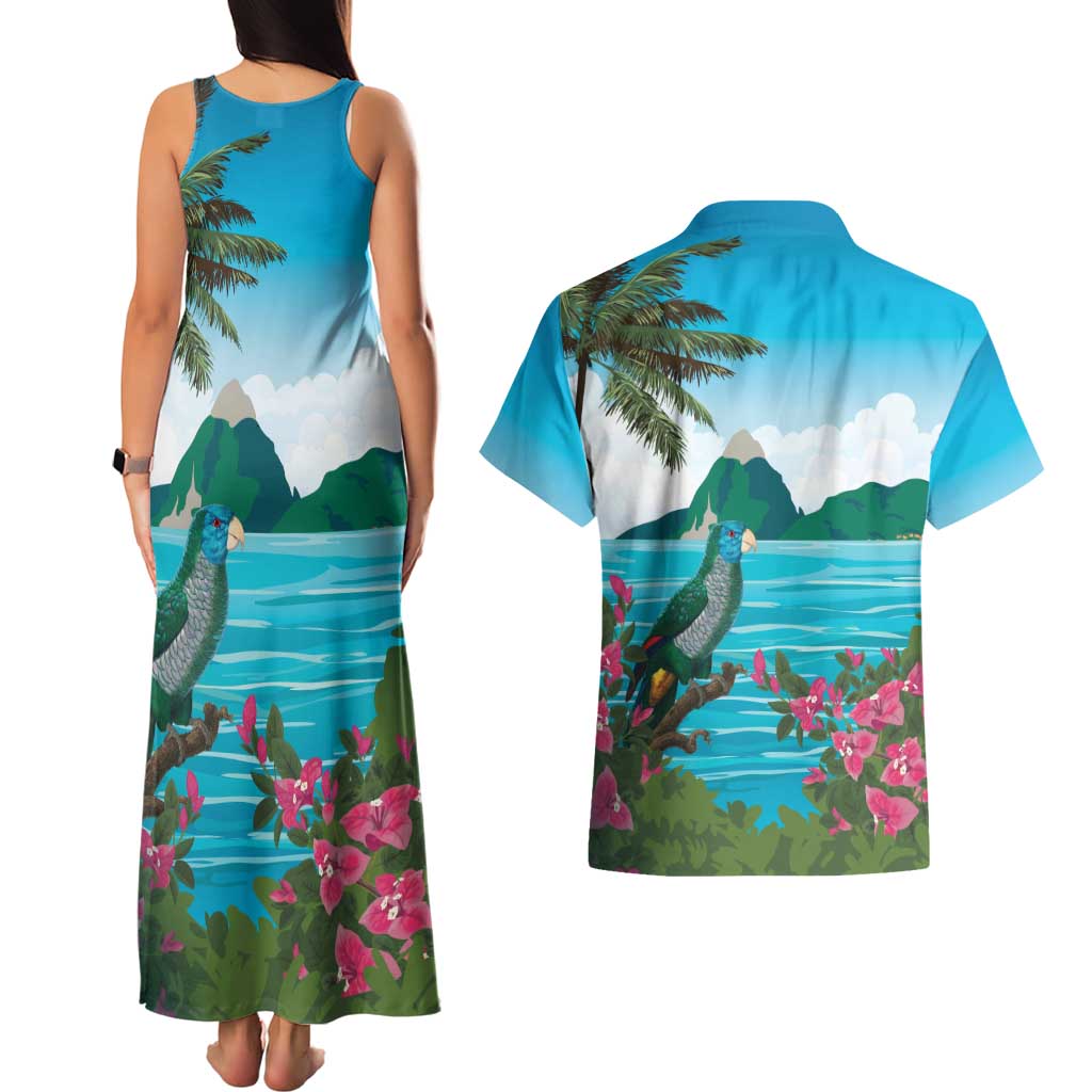 Saint Lucia Island Couples Matching Tank Maxi Dress and Hawaiian Shirt Pitons Landscape