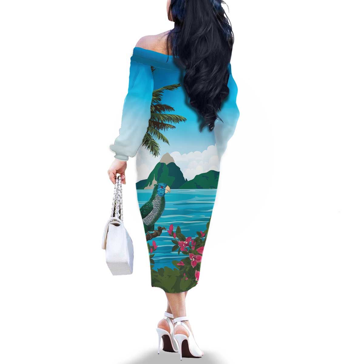 Saint Lucia Island Family Matching Off The Shoulder Long Sleeve Dress and Hawaiian Shirt Pitons Landscape