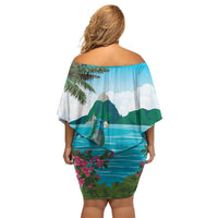 Saint Lucia Island Off Shoulder Short Dress Pitons Landscape
