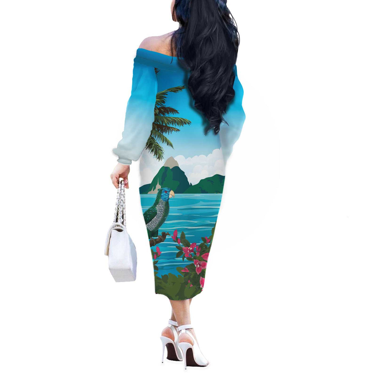 Saint Lucia Island Off The Shoulder Long Sleeve Dress Pitons Landscape