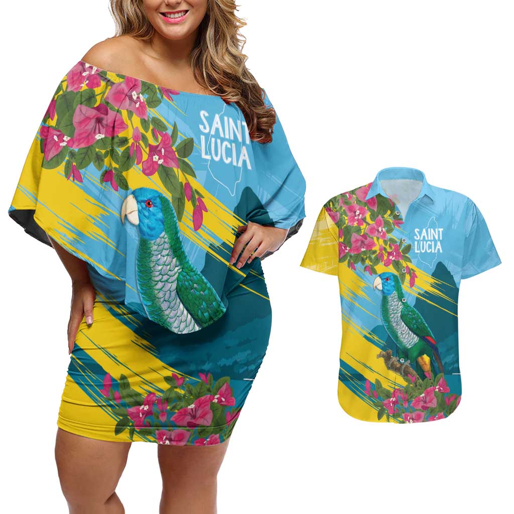 Saint Lucia Couples Matching Off Shoulder Short Dress and Hawaiian Shirt Tropical Vibes