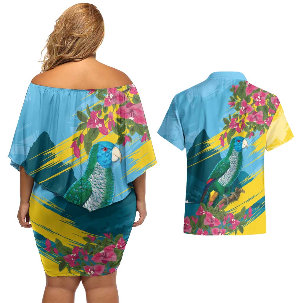 Saint Lucia Couples Matching Off Shoulder Short Dress and Hawaiian Shirt Tropical Vibes