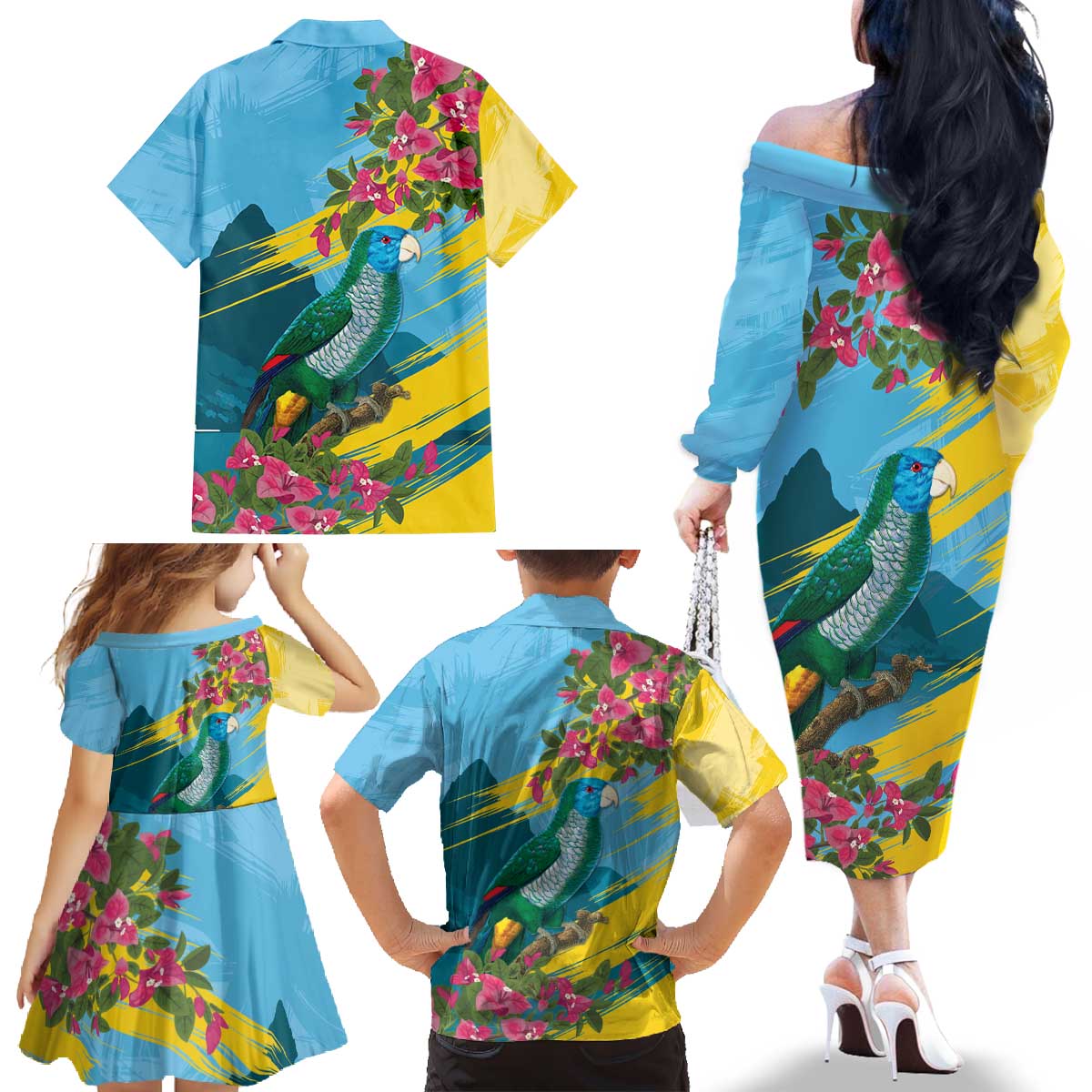 Saint Lucia Family Matching Off The Shoulder Long Sleeve Dress and Hawaiian Shirt Tropical Vibes