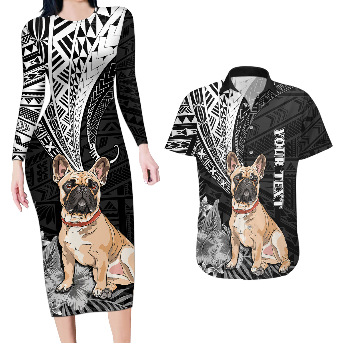 Personalised Polynesian Couples Matching Long Sleeve Bodycon Dress and Hawaiian Shirt Bulldog With Polynesian Patterns LT7 - Wonder Print Shop