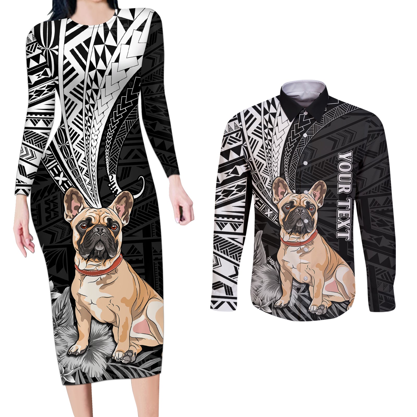 Personalised Polynesian Couples Matching Long Sleeve Bodycon Dress and Long Sleeve Button Shirts Bulldog With Polynesian Patterns LT7 - Wonder Print Shop