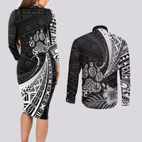 Personalised Polynesian Couples Matching Long Sleeve Bodycon Dress and Long Sleeve Button Shirts Bulldog With Polynesian Patterns LT7 - Wonder Print Shop