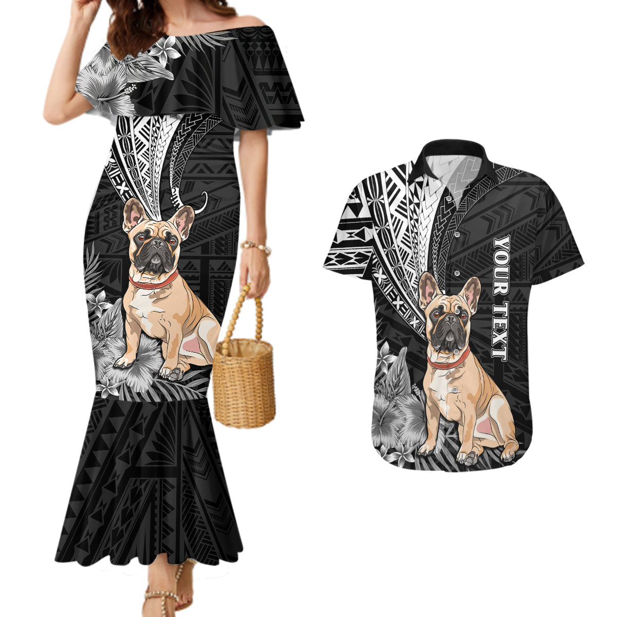 Personalised Polynesian Couples Matching Mermaid Dress And Hawaiian Shirt Bulldog With Polynesian Patterns LT7 - Wonder Print Shop