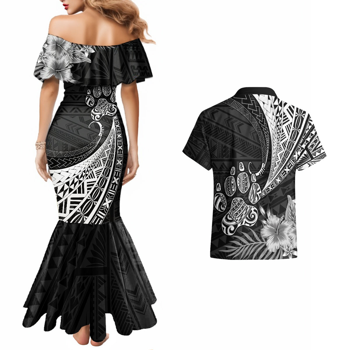 Personalised Polynesian Couples Matching Mermaid Dress And Hawaiian Shirt Bulldog With Polynesian Patterns LT7 - Wonder Print Shop