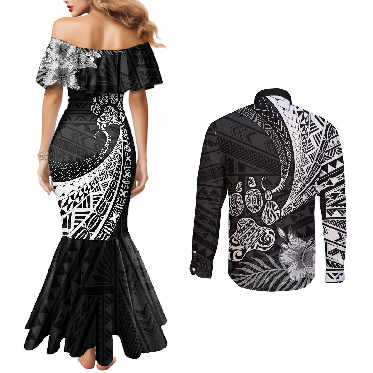 personalised-polynesian-couples-matching-mermaid-dress-and-long-sleeve-button-shirts-bulldog-with-polynesian-patterns